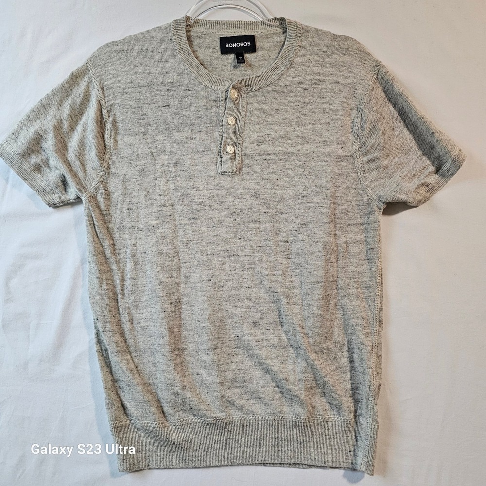 Bonobos Medium Slim Fit Grey Heathered 100% Linen Henley preppy lightweight